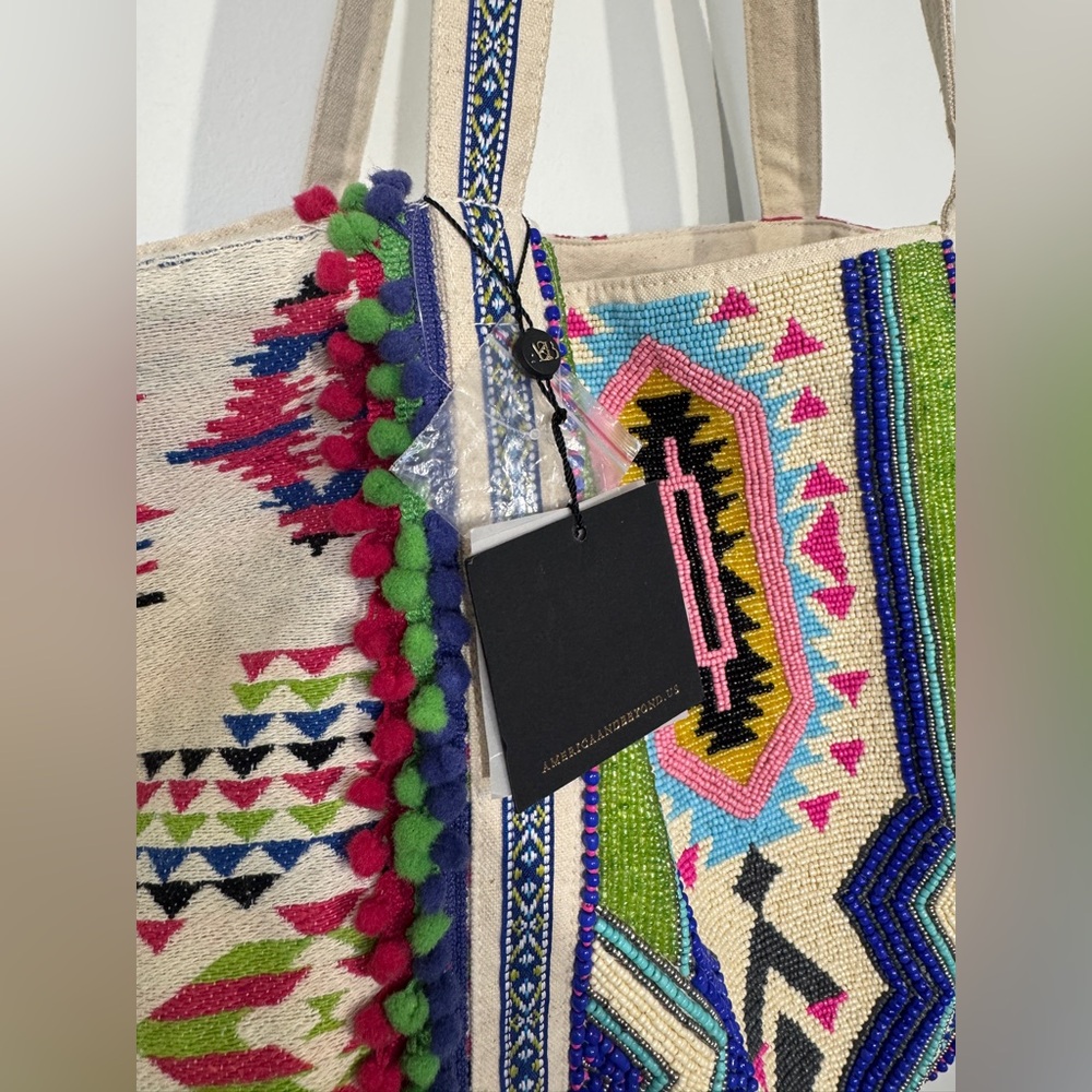 America & Beyond Hand Beaded Boho Tote Bag NWT Tribal Pom Pom Large Weekender - Picture 8 of 16